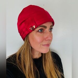 1920s Wine Satin Cloche Hat with Gold and Ruby Jewel Accent